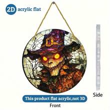 Placa de Arte em Vidro Manchado Halloween 2D Plana, Decoração Pendurada em Acrílico Redondo 2D com Design de Chapéu de Bruxa e Lanterna de Abóbora, Adequada para Janelas, Paredes, Varanda, Sala de Aula, Casa, Quarto, Jardim - A - Visão 4