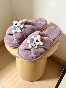 Women's Plush Cross Strap Open Toe Slippers, Cute Cartoon Bear & Cherry Decor, Fluffy Soft Comfortable, Indoor Bedroom Home Shoes - Style B - Purple - View 8