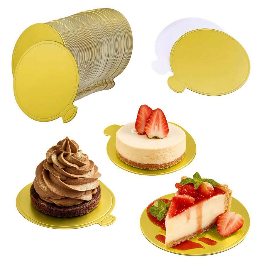 51/102pcs Round Mini Gold Mousse Cake Bases, Disposable Greaseproof Cupcake Bottoms, Durable Dessert Cardboard With Easy-Grip Handles, Suitable For Wedding, Birthday Party, Baking
