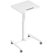 Escritorio de pie ajustable en altura, con ruedas y bandeja para teclado, estructura de acero, color blanco. - Blanco + Madera - Ver 1