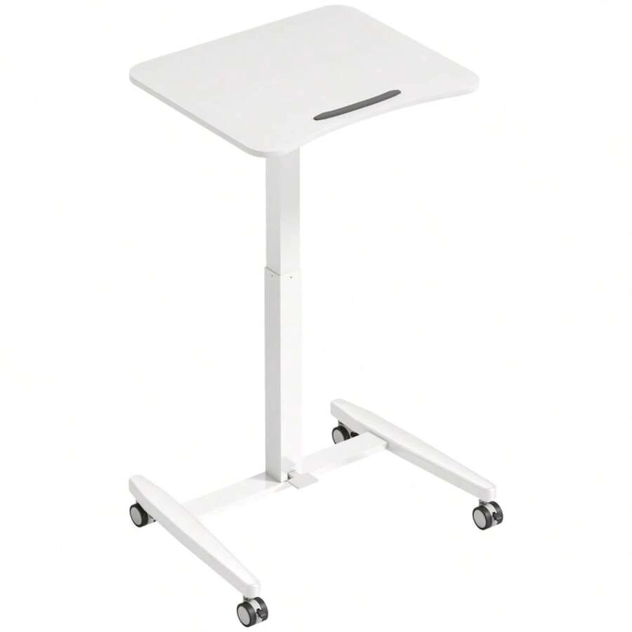 Escritorio de pie ajustable en altura, con ruedas y bandeja para teclado, estructura de acero, color blanco. - Blanco + Madera - Ver 1
