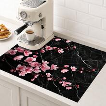 1pc Pink Cherry Blossom Black Marble Pattern Diatomaceous Earth Kitchen Drain Mat, Absorbent Quick-Drying Non-Slip Coffee Machine Mat, Suitable For Kitchen Countertop, Dining Table And Home Decor - Multicolor - View 4