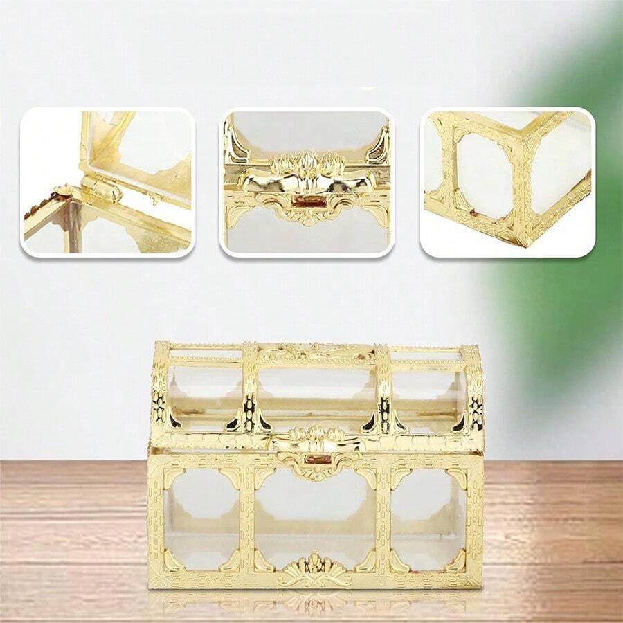 12pcs Mini Pirate Treasure Boxes, Gold Transparent Plastic Boxes With Lids. Suitable For Storing Small Jewelry, Decorations, Household Items, And Party Gift Boxes For Weddings, Birthdays, Halloween, Christmas And Easter. - Gold - View 1