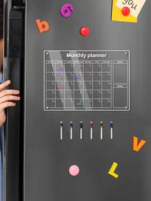 1pc Transparent Acrylic Monthly Planner Magnetic Fridge Magnet, Erasable Refrigerator Memo Board With 6 Magnetic Whiteboard Markers - I - View 2
