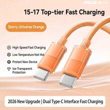 ASUS Adol 100W USB-C 轉 USB-C 快充數據線,4層散熱編織線,低溫防過熱充電線,多色可選,相容 iPhone 17 Pro Max 16 15 系列與 Type C 設備 - 橘色 - 查看 7