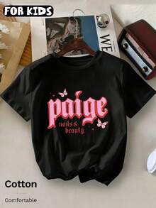 Cotton KidsT-Shirt With Pink Lettering Butterfly Design, Street Style Short  For Boys / Girls, Comfortable  Breathable Summer Daily Wear, New Arrival - Black - View 1