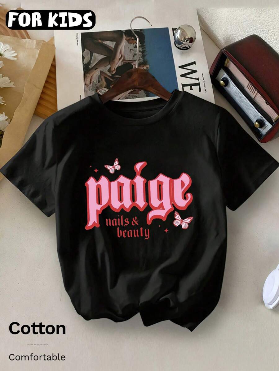 Cotton KidsT-Shirt With Pink Lettering Butterfly Design, Street Style Short For Boys / Girls, Comfortable Breathable Summer Daily Wear, New Arrival - Black - View 1