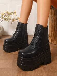 Women's Lace-Up Side Zipper Solid Color Ankle Boots, Winter New Punk Style Thick Sole Fashion Black Ankle Boots - Black - View 1
