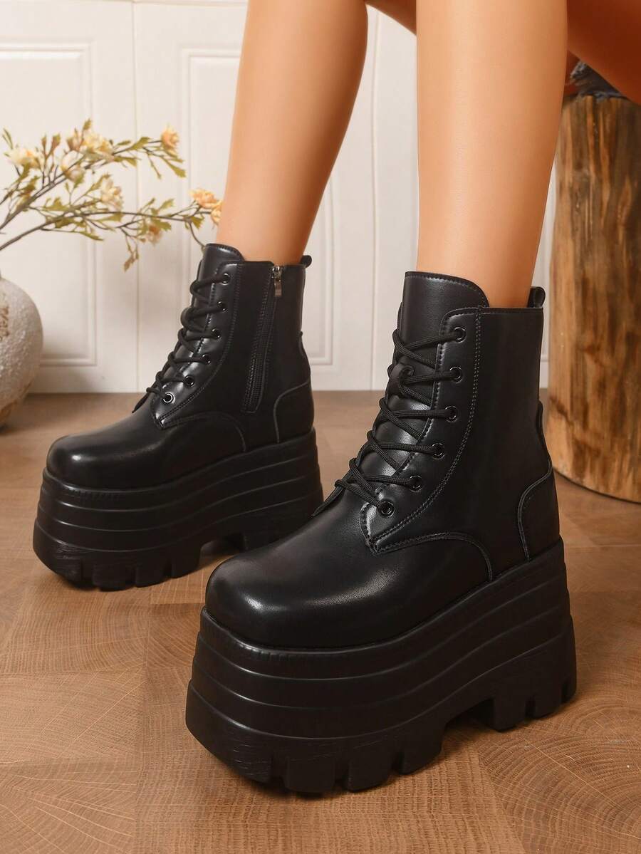 Women's Lace-Up Side Zipper Solid Color Ankle Boots, Winter New Punk Style Thick Sole Fashion Black Ankle Boots - Black - View 1