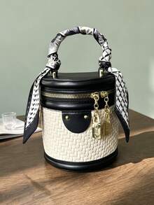 Summer Versatile Premium Niche Crossbody Bag For Women, New Color-Block Woven Texture Bucket Bag - Beige - View 3