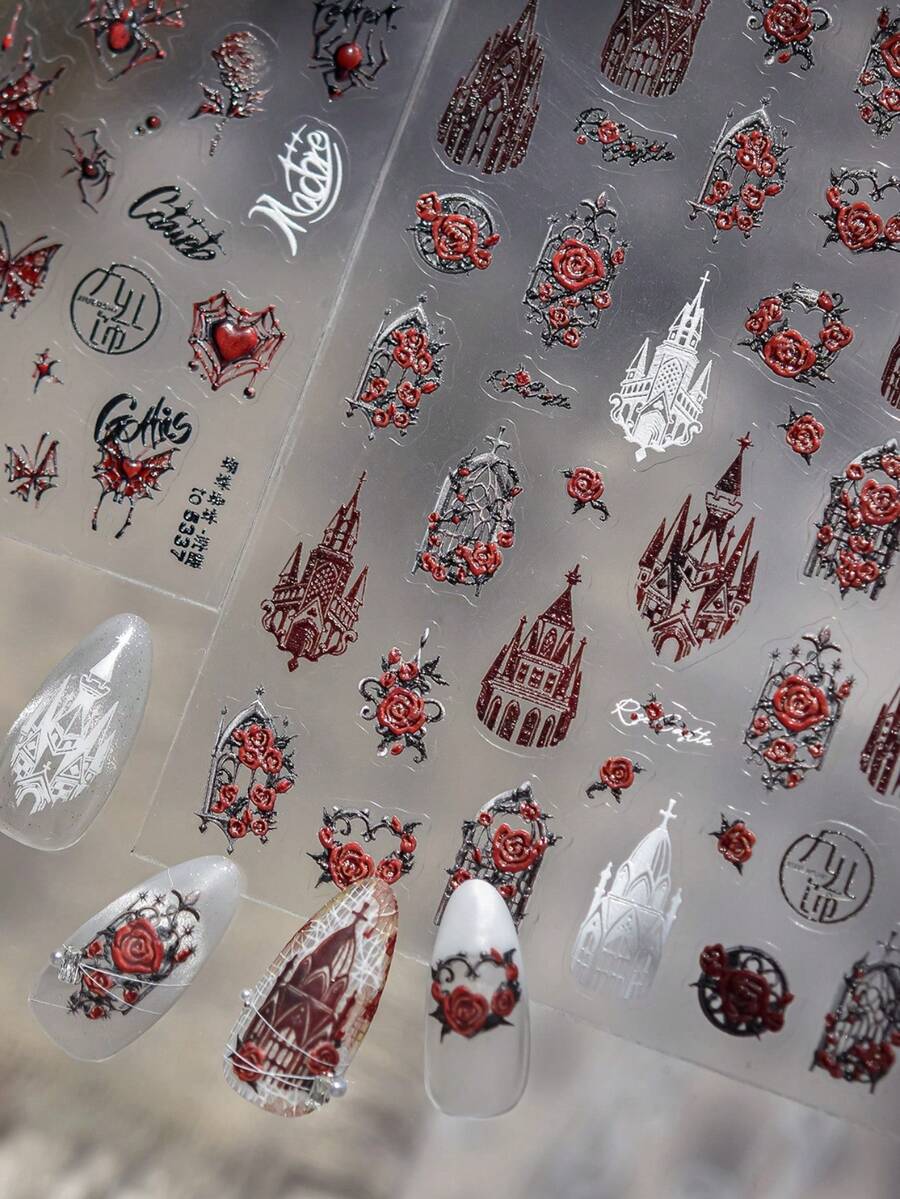 Gothic Vintage Castle Stained Glass Nail Stickers Dark Roses Ornate Window Mysterious Elegant Manicure Art Self Adhesive Sticker Decoration For Women - Multicolor - View 1
