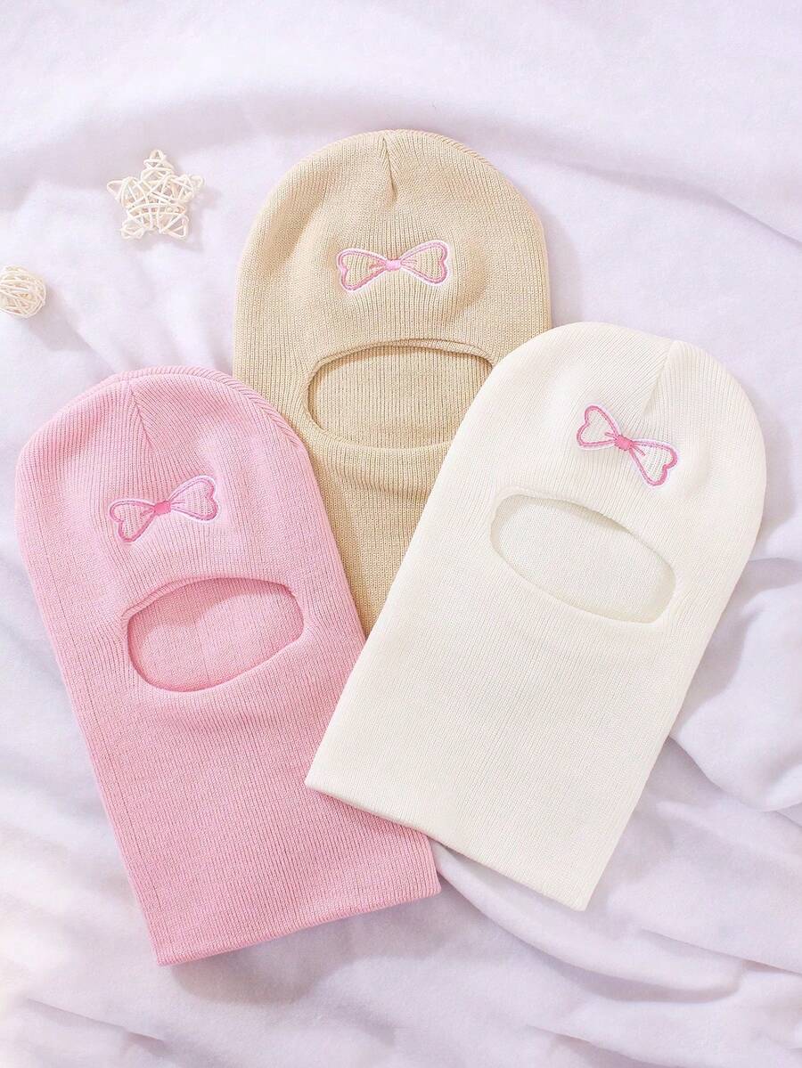 1pc Sweet Bow Embroidered Baby Knitted Balaclava, Elastic Ribbed One ...