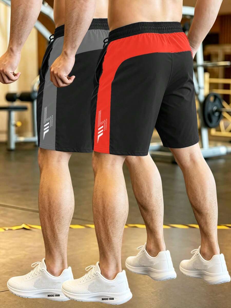 男士 2 入雙色拼接短褲，運動休閒短褲，簡約剪裁，適合跑腿與夏季外出 - 彩色 - 查看 1