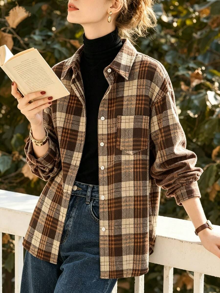 Women's Autumn/Winter Brushed Plaid Button-Front Pocket Casual Shirt - Mocha Brown - View 1