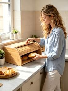 Natural Bamboo And Wood Bread Storage Box With Handles For Easy Opening And Closing, Moisture-Proof And Dust-Proof, An Ideal Item To Keep The Kitchen Tidy, Available In Multiple Sizes. - Multicolor - View 3