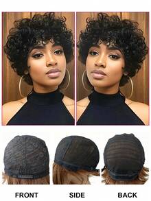 Natural Black Short Kinky Curly Pixie Cut Human Hair Wig With Fringe Bangs Glueless Remy Hair Wig For Women Daily Party Use - SNatural - View 6