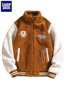 Men's Embroidered Letter Baseball Jacket Loose Fit Flight Jacket Autumn/Winter - Brown - View 8