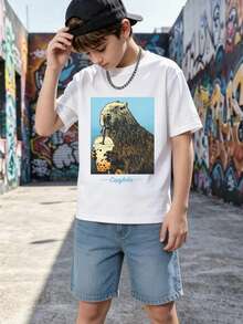 Boys Graphic T-Shirt With Capybara Print And Text, Short Sleeve Crew Neck Top - White - View 6
