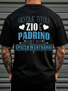 Camiseta italiana Zio E Padrino para hombre  Impresión en la espalda con cita, texto italiano y corazones azules, camiseta informal de cuello redondo, ideal para regalar a familiares - Negro - Ver 2
