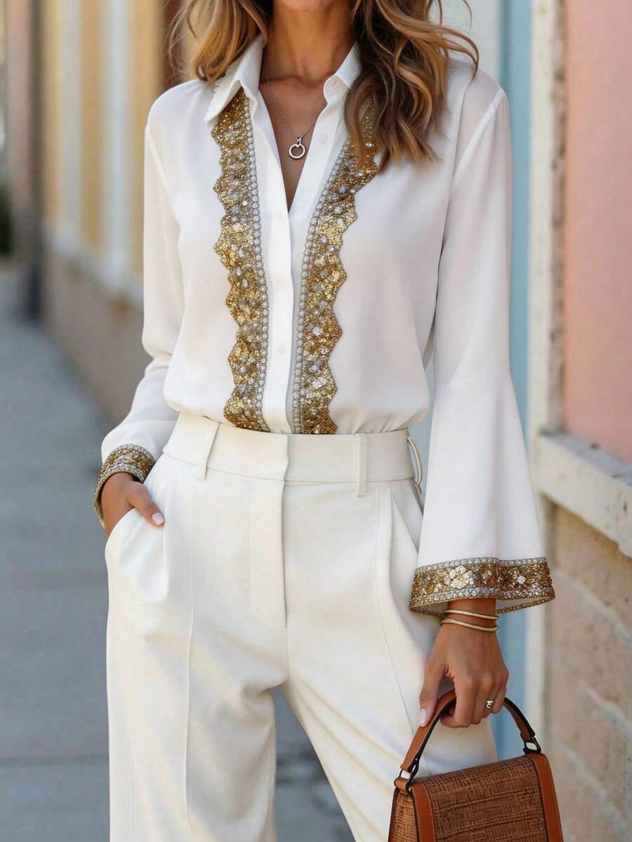 Women's White Satin Gold Sequin Embroidered Trim Blouse - White - View 1