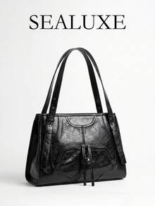 Black PU Patchwork Zipped Shoulder Bag With Metal Lettering – Women's Square Tote Bag, Large Capacity Ideal For Daily Commuting, Punk And Biker Styles - Black - View 1