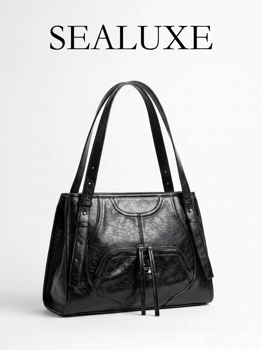 Black PU Patchwork Zipped Shoulder Bag With Metal Lettering – Women's Square Tote Bag, Large Capacity Ideal For Daily Commuting, Punk And Biker Styles - Black - View 1