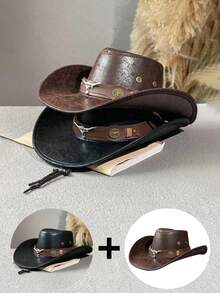 1pc Men's Multi-Color Bull Head Studded Leather Jazz Hat, Outdoor Sun Hat, Large Brim Western Cowboy Hat, Spring/Summer/Autumn - Multicolor - View 18