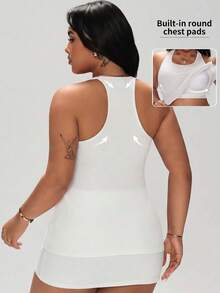 1 Pack All-Season Plus Size Ribbed Racerback Tank Top, 2-In-1 With Built-In Bra Pads, Bra-Free, Slim Fit For Outerwear And Layering - White - View 1