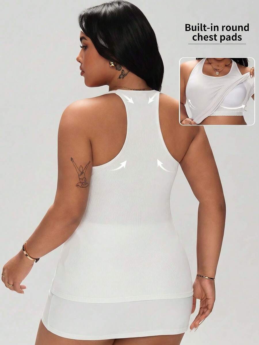 1 Pack All-Season Plus Size Ribbed Racerback Tank Top, 2-In-1 With Built-In Bra Pads, Bra-Free, Slim Fit For Outerwear And Layering - White - View 1