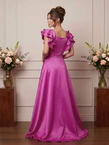 Grife Velasco Bridesmaid Dress Party Plain Long Elegant Graduation Slit Ruffle Sleeve - Rose Red - View 3