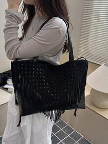 歐美跨境個性化大容量海灘度假時尚新款編織鏤空透氣手提肩背托特包 - 黑色 - 查看 6