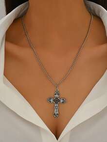 1pc Fashionable Personalized Elegant Cross Pendant Necklace, Suitable For Women's Daily Wear, Party, Vacation, Travel, Halloween Gift - Silver - View 1