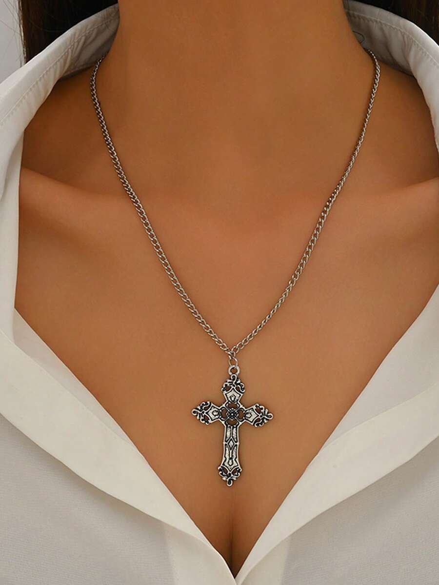 1pc Fashionable Personalized Elegant Cross Pendant Necklace, Suitable For Women's Daily Wear, Party, Vacation, Travel, Halloween Gift - Silver - View 1