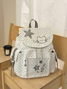 清新波點貓咪刺繡休閒後背包，可愛星星與音符裝飾，INS風翻蓋抽繩學生書包，防水布料，透明前口袋 Ita Bag 設計，多口袋分層收納，寬肩墊肩帶，大容量可裝課本、平板、文具，側袋可放水壺與雨傘，INS韓系學院風，適合日常通勤、上學、旅行，多色可選，適合返校季 - 彩色 - 查看 3