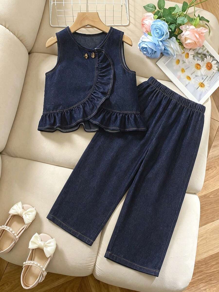 Young Girl Denim Set Fashionable Cute Ruffle Hem Button Front Round Neck Sleeveless Dark Blue Denim Vest Top And Casual Versatile Dark Blue Denim Wide Leg Pants Long Pants Set Back To School - Dark Wash - View 1