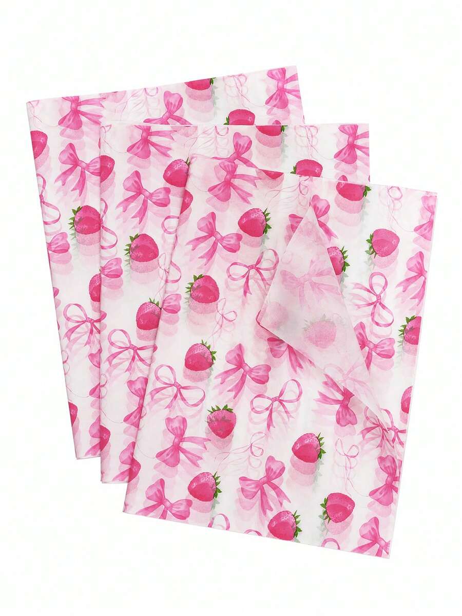10/20/25/50 Sheets Strawberry Bow Pattern Tissue Paper, Suitable For DIY Crafts, Party Gifts, Bouquet Wrapping, Clothing Packaging And Birthday Gift Decoration - Strawberry Bow - View 1