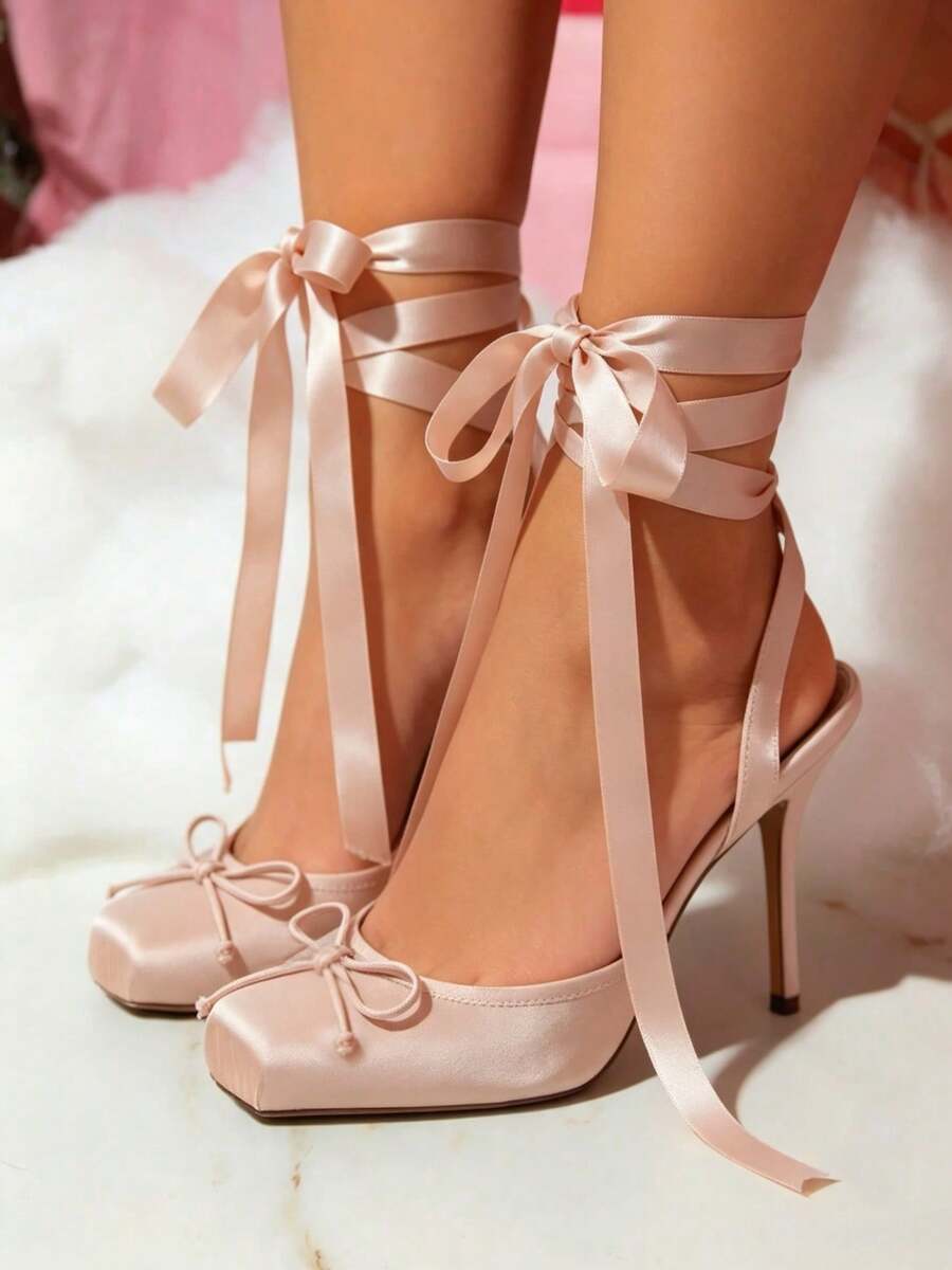 Ballet High Heel Pumps For Women Mary Janes Lace Up Stiletto Heels With Bow Satin Square Toe Elegant  Strappy High Heels Dancing Party Weeding Shoes  - 裸色 - 查看 1