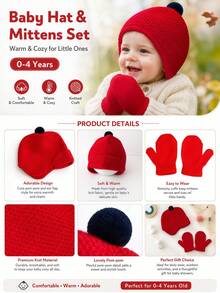 3PCS 0-4Y Ear-Protective Knitted Hat & Gloves Set, Solid Color Cute Pom Pom Baby Toddler Woolen Warm Hat - 3PCS - View 4