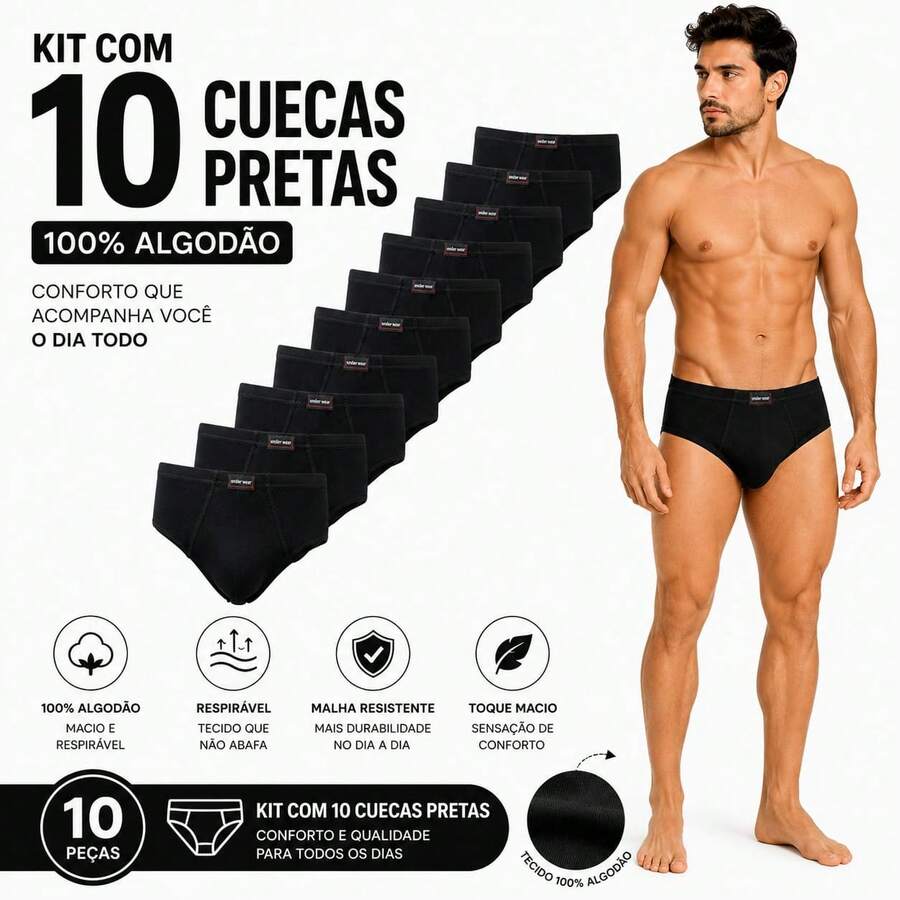 Kit 10 Cuecas tradicional com forro 100%algodao SO NA COR( PRETA ) - Preto - Visão 1