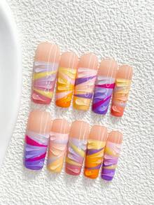 10片彩虹色塊手工穿戴甲，Polygel美甲套組，水滴圖案，紫色與粉色指甲油，清新油畫風，附美甲工具，3種尺寸可選，杏仁形、鴨嘴形、棺材形，適合派對、跳舞、日常配戴 - 彩色 - 查看 12