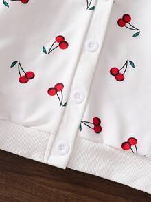 Girls' Autumn White Fruit Pattern Cherry Long Sleeve Cardigan, Cute Simple Ribbed Cuffs, Soft Comfortable Button-Up Top, Spring Style - White - View 4