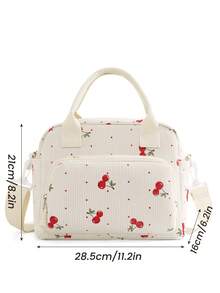 1pc Portable Cherry Pattern Corduroy Insulated Lunch Bag / Large Capacity Insulated Lunch Bag (With Adjustable Shoulder Strap) Waterproof Cold/Heat Retention Bento Bag, Suitable For Work, School, Picnic And Outdoor Camping Back To School Use - Multicolor - View 13