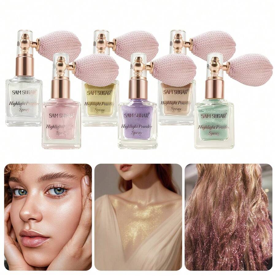 SAM SUGAR Fine Shimmer Brightening Contour Highlighter Powder, Riasan Panggung Tahan Keringat dan Tahan Lama, Semprotan Tubuh Berkilau