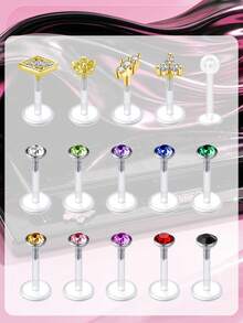 16G 15 Buah Perhiasan Tindik Bibir Transparan Model Medusa, Cincin Bibir Plastik Datar, Penahan Tindik Bioflex Model Dorong, Anting Tusuk Tragus Helix - MultiWarna - View 8