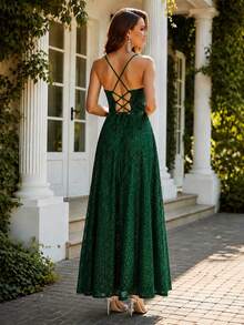 HOMEYEE Women's Sequin Long A-Line Evening Gown, Romantic And Charming Backless Tie-Back Elegant Formal Ball Dress - Dark Green - View 2