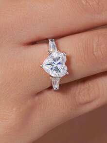 MONALLY Heart Cubic Zirconia Ring Engagement Ring Women Promise Ring Open Adjustable Ring Baguette Side Stones Ring Heart Wedding Band Jewelry Gift - Open Ring - View 2