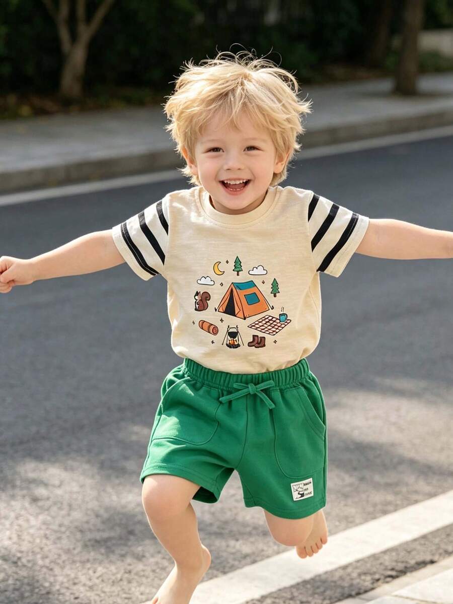 Toddler Boys' Round Neck Outdoor Style Short Sleeve Set, Camping Pattern Patchwork Sleeve Striped Top + Green Shorts, Contrast Color Attractive, Comfortable Children Outfits For Spring & Autumn - Apricot - View 1