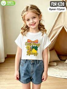 Tween Girls'  Cotton Cropped Cuffed Sleeve Tee, Graphic Print,  Cute Sweet Preppy Girl Style - White - View 4