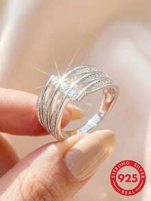 S925 Sterling Silver Luxurious Crossover Cubic Zirconia Ring Sparkling Interlocking Wave Band Luxurious Party & Wedding Jewelry Gift For Her - Silver - View 4