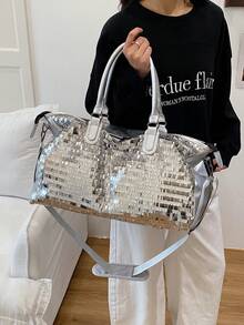 New Fashion Travel Bag, Solid Color Minimalist Niche Design With Sequins, Stylish And Cool, Suitable For Short Trips And Fitness, With Independent Shoe Compartment, Large Capacity, Versatile And Exquisite - Silver - View 7